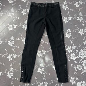All Saints Black Skinny Wool Trousers Leather Trim Buttoned Hems Sz 2